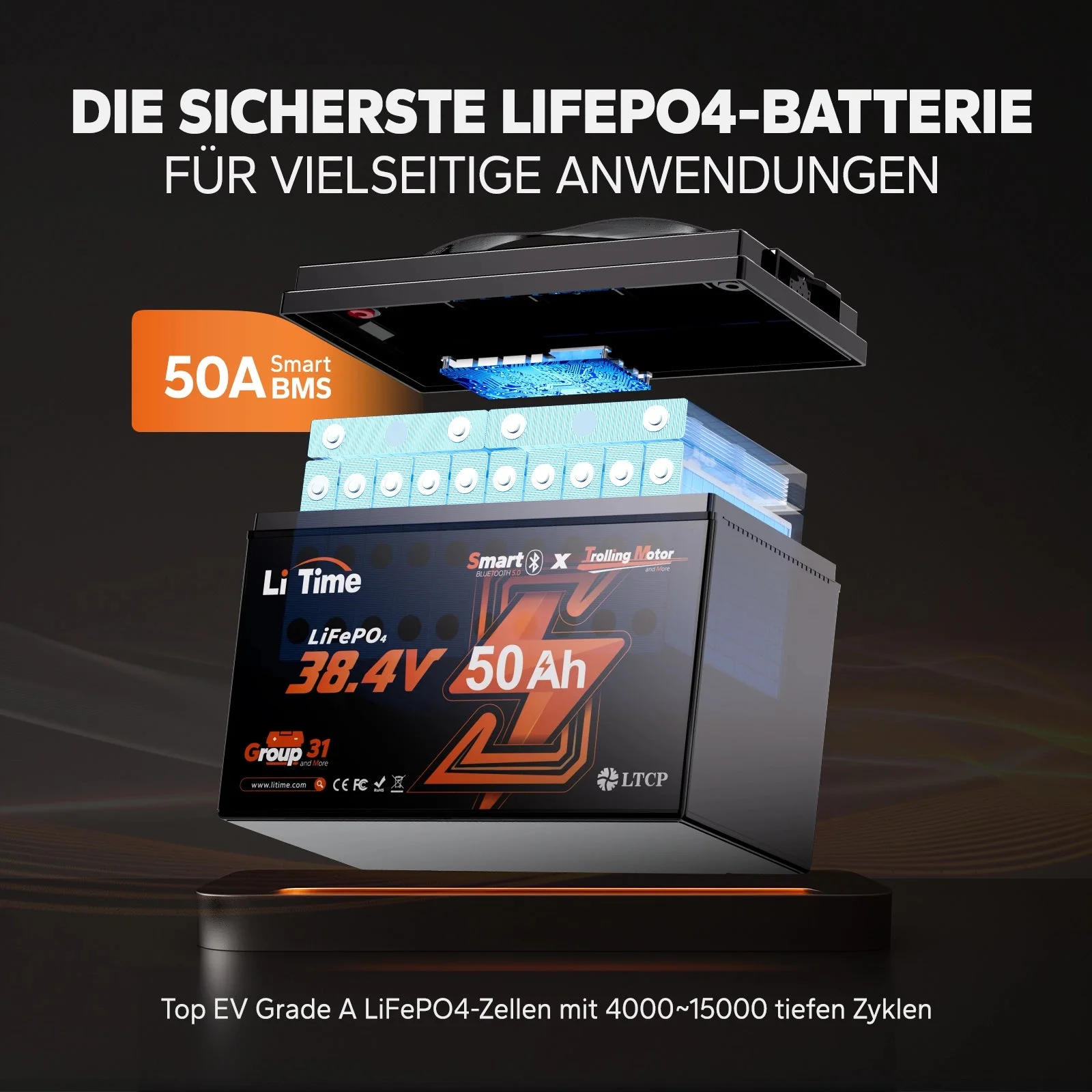 LiTime 36 V 50 Ah Bluetooth Deep Cycle Lithium-Batterie – Gruppe 31 für 120 Pfund Trolling-Motor und Marine — фото 7