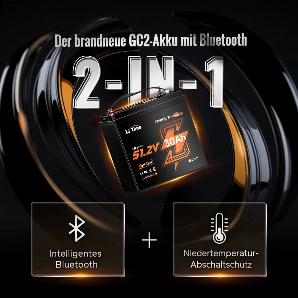 Літієва батарея LiTime 48V 30Ah GC2 Bluetooth - візок для гольфу LiFePO4 з 100A BMS — фото 6
