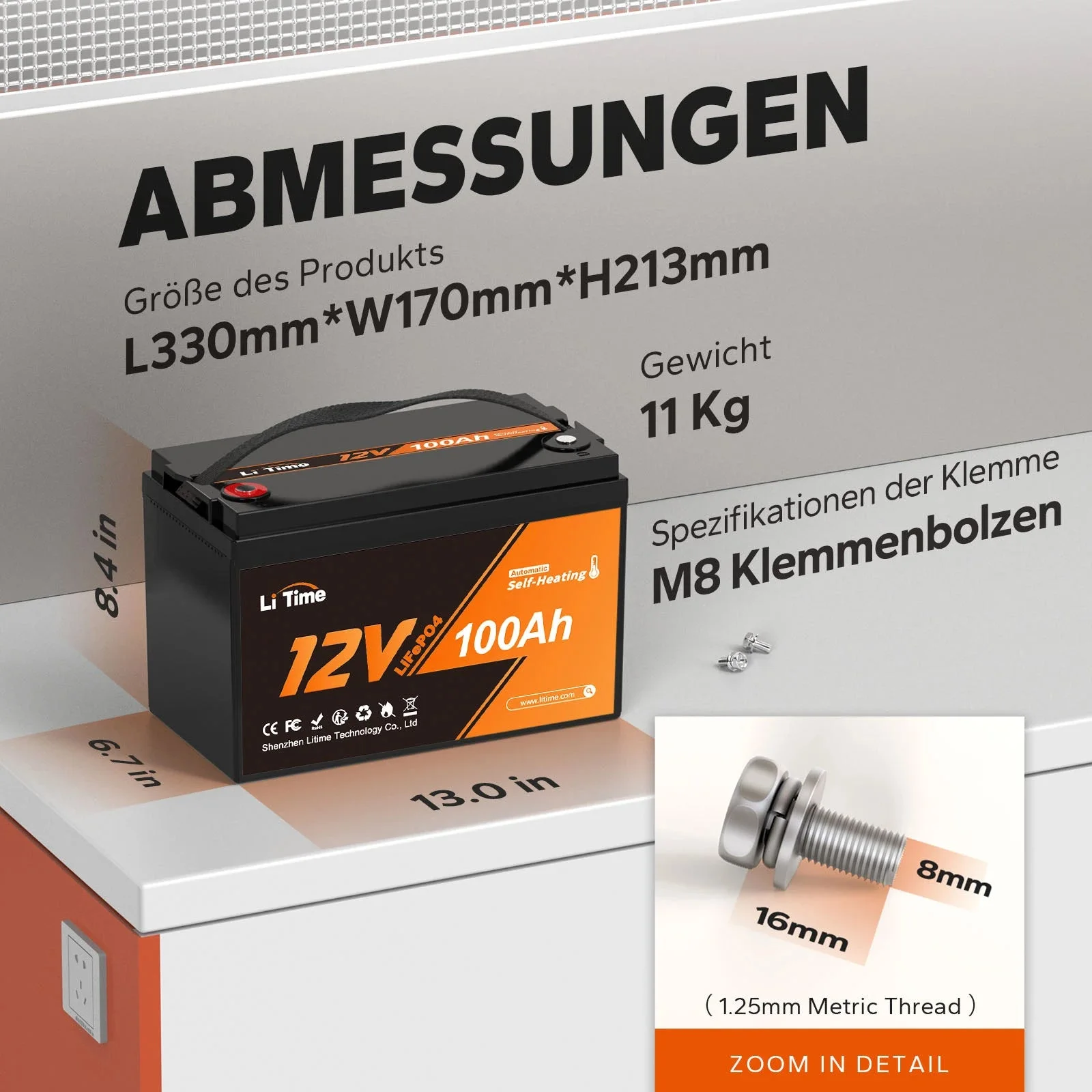 LiTime [Ukraine] 12 Volt 100 Ah Selbsterhitzende Niedertemperatur-LiFePO4-Batterie — фото 6
