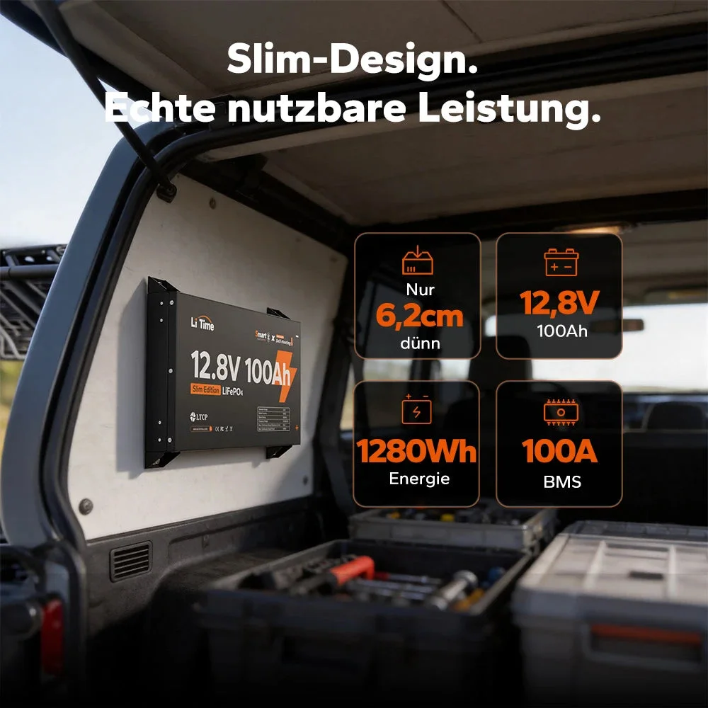 LiTime 12V 100Ah Ultra Slim LiFePO4 з Bluetooth і самонагріванням - для будинків на колесах, пікапів і кемперів — фото 3