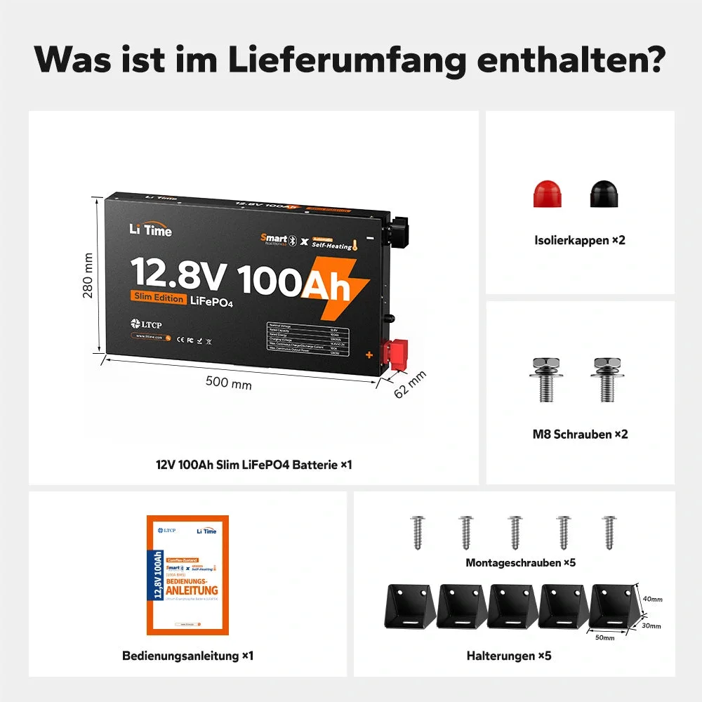LiTime 12V 100Ah Ultra Slim LiFePO4 з Bluetooth і самонагріванням - для будинків на колесах, пікапів і кемперів — фото 11
