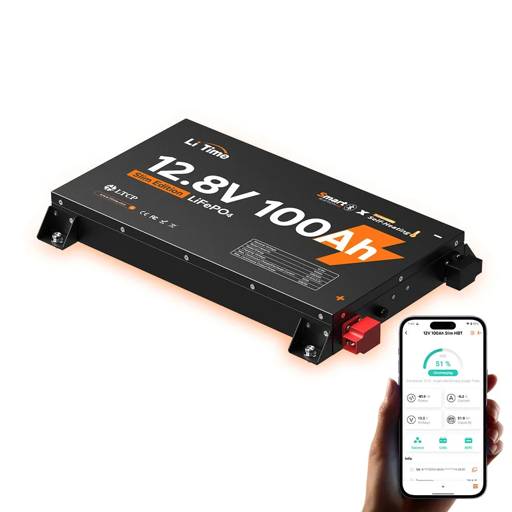 LiTime 12V 100Ah Ultra Slim LiFePO4 з Bluetooth і самонагріванням - для будинків на колесах, пікапів і кемперів — фото 12