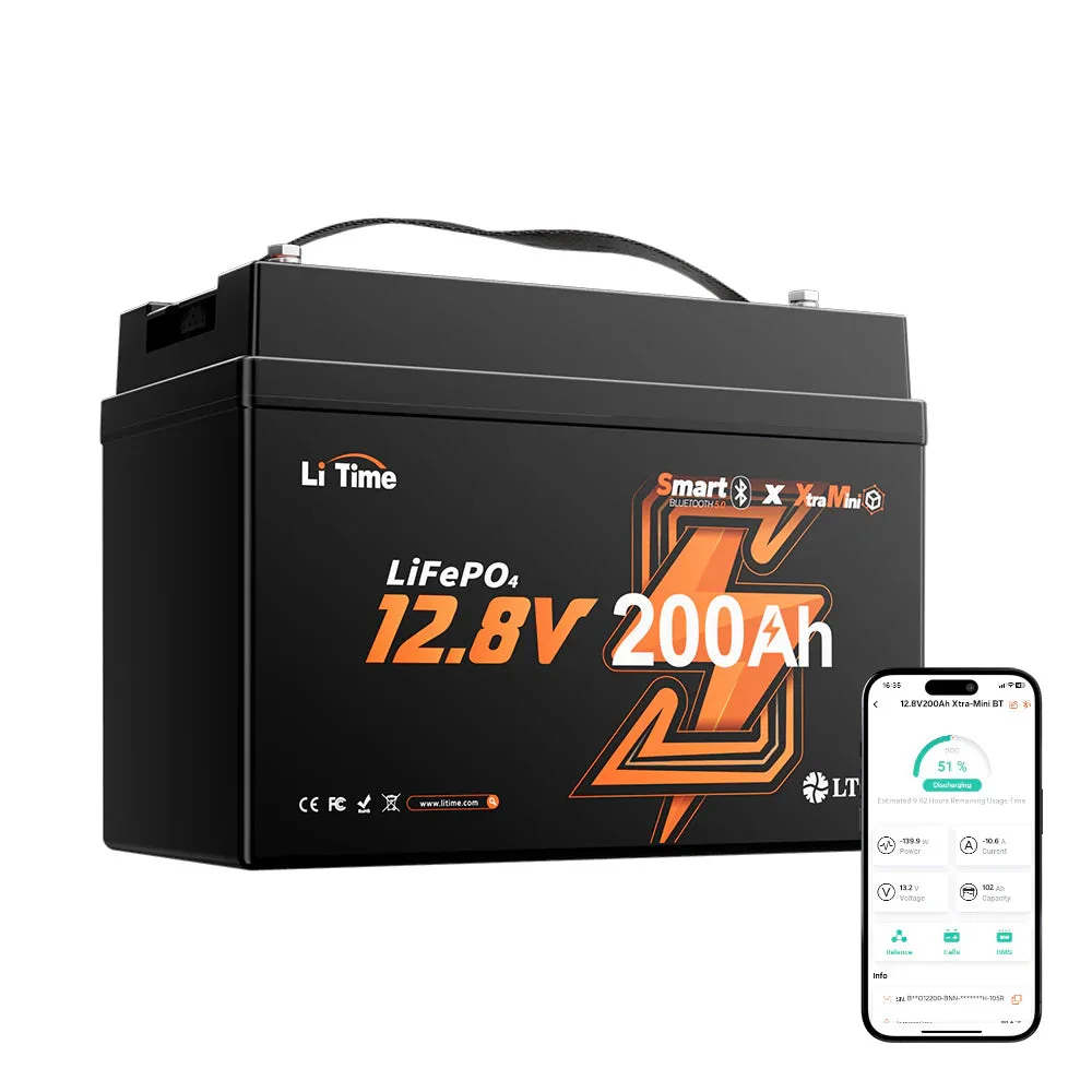 LiTime 12V 200Ah Xtra Mini LiFePO4 батарея с Bluetooth для RV & Camping