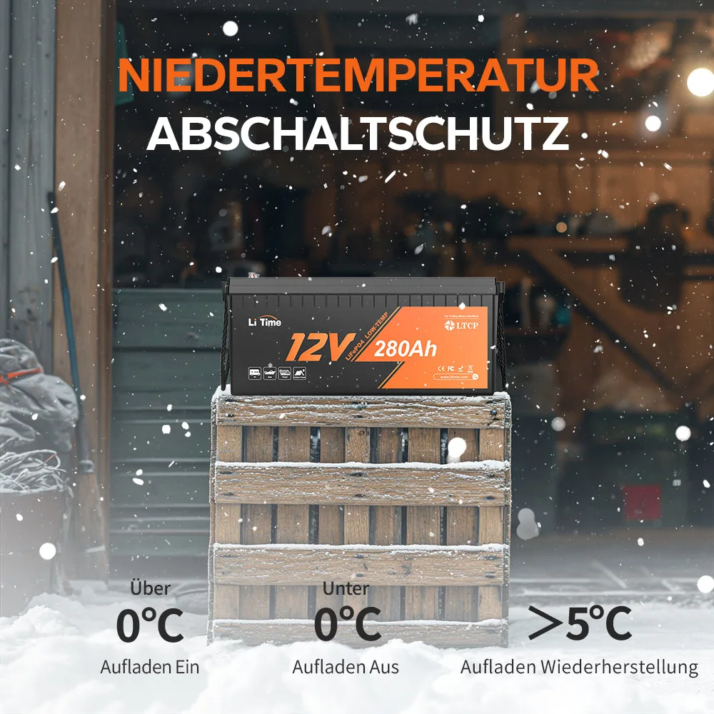 LiTime 12V 280Ah LiFePO4 батарея з безперервним розрядом 200A, захистом від низьких температур і глибоким циклом для морських суден, автофургонів і сонячних батарей — фото 2