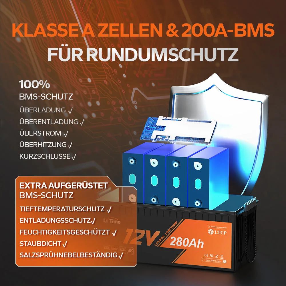 LiTime 12V 280Ah LiFePO4 батарея з безперервним розрядом 200A, захистом від низьких температур і глибоким циклом для морських суден, автофургонів і сонячних батарей — фото 3