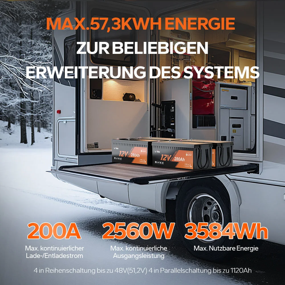 LiTime 12V 280Ah LiFePO4 батарея з безперервним розрядом 200A, захистом від низьких температур і глибоким циклом для морських суден, автофургонів і сонячних батарей — фото 4