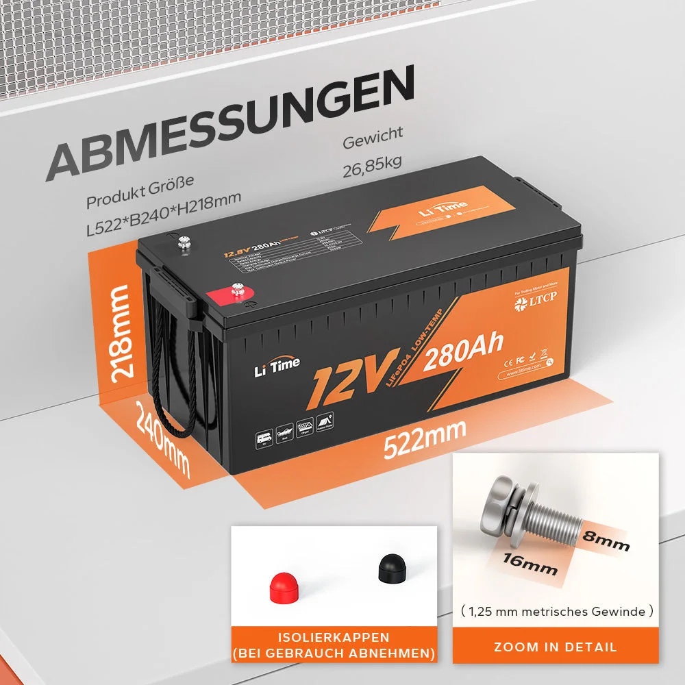 LiTime 12V 280Ah LiFePO4 батарея з безперервним розрядом 200A, захистом від низьких температур і глибоким циклом для морських суден, автофургонів і сонячних батарей — фото 7