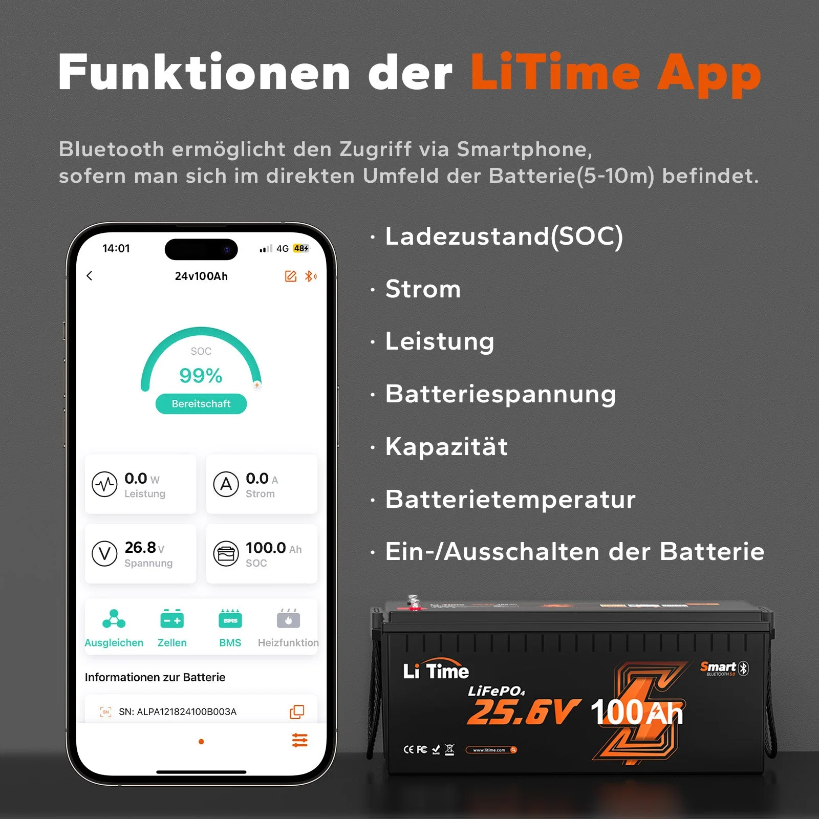 [Україна] Акумулятор LiTime 24в 100ач LiFePO4 низькотемпературний з Bluetooth BMS 100A — фото 2