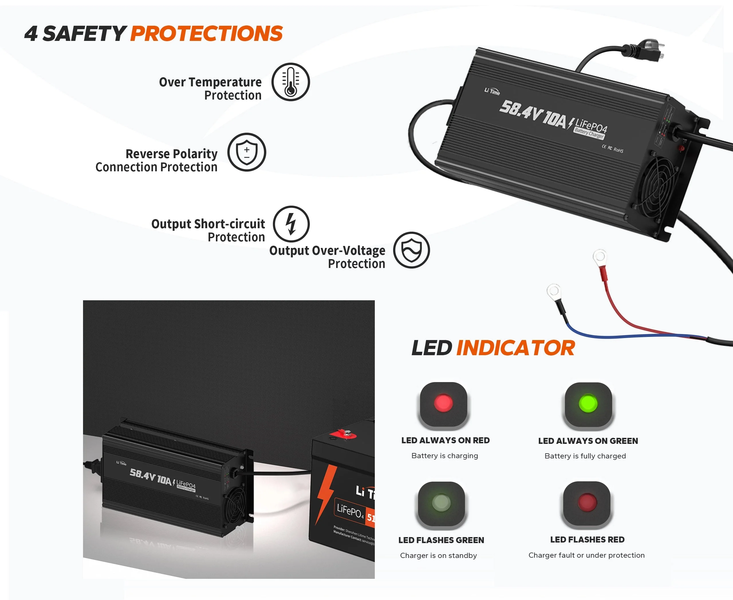LiTime 58.4V 10A LiFePO4 зарядний пристрій для 51.2V LiFePO4 акумулятора, з інтелектуальною функцією заряджання 0V — фото 2