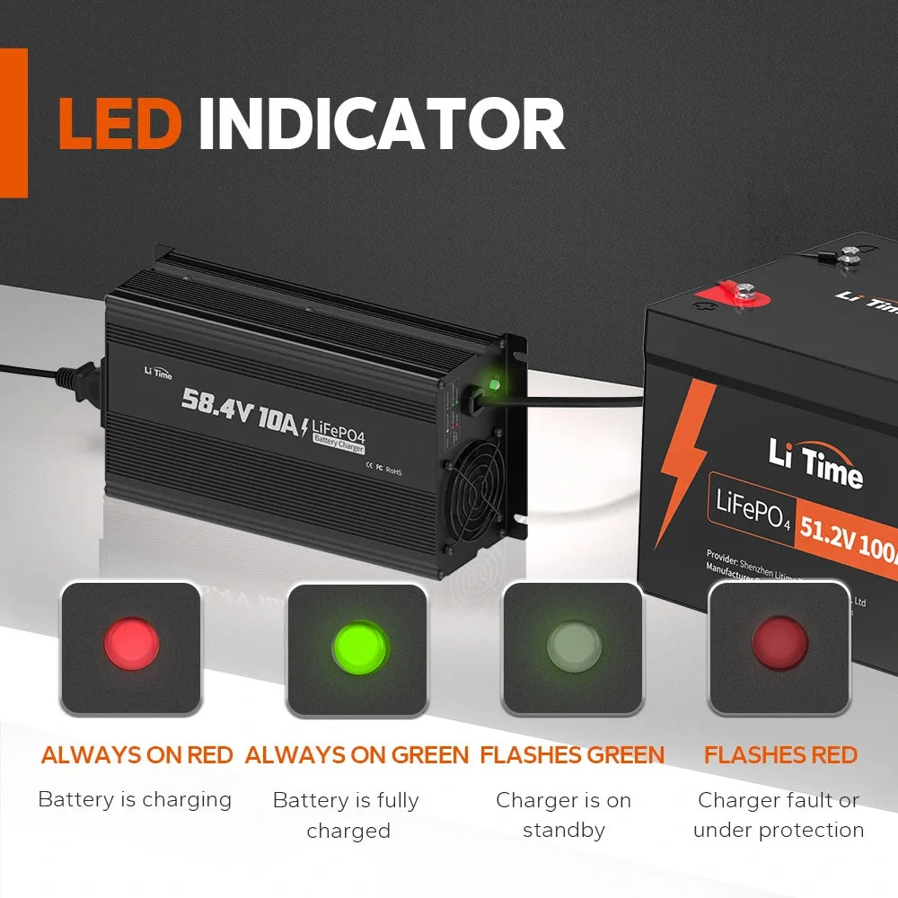 LiTime 58.4V 10A LiFePO4 зарядний пристрій для 51.2V LiFePO4 акумулятора, з інтелектуальною функцією заряджання 0V — фото 4