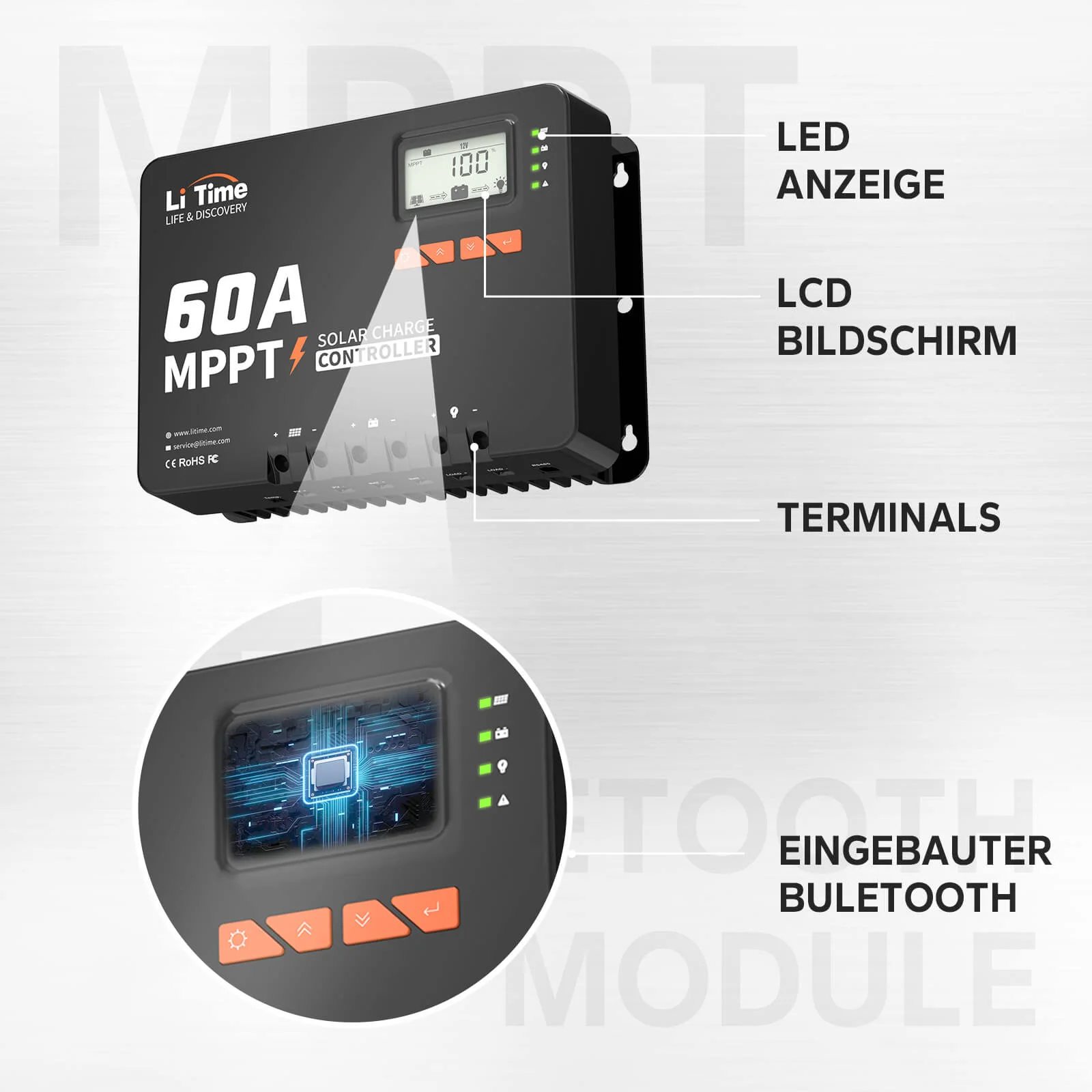 LiTime 60A MPPT 12V/24V/36V/48V Automatischer Controller DC-Eingang Solarladeregler mit Bluetooth-Adapter — фото 4