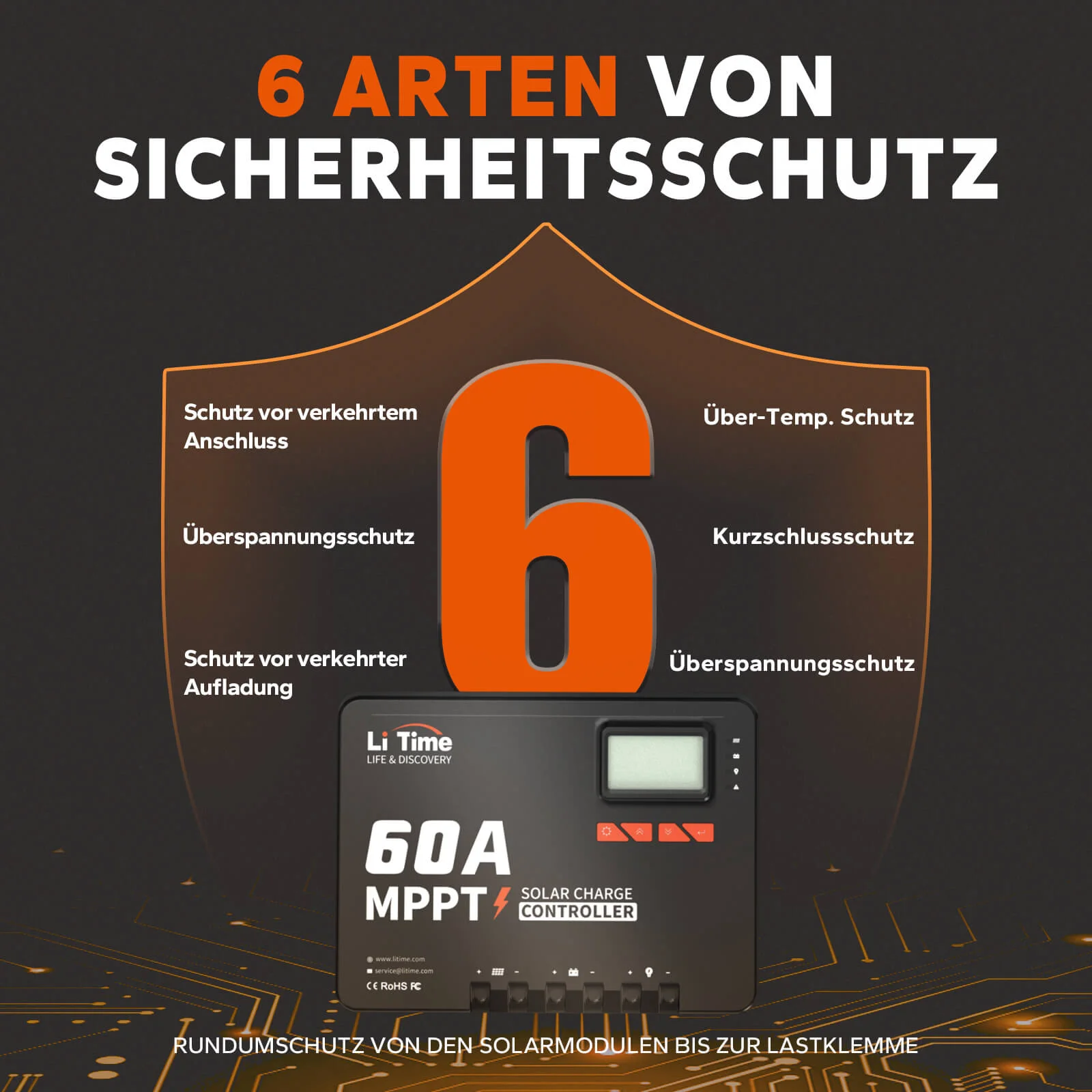 LiTime 60A MPPT 12V/24V/36V/48V Automatischer Controller DC-Eingang Solarladeregler mit Bluetooth-Adapter — фото 7
