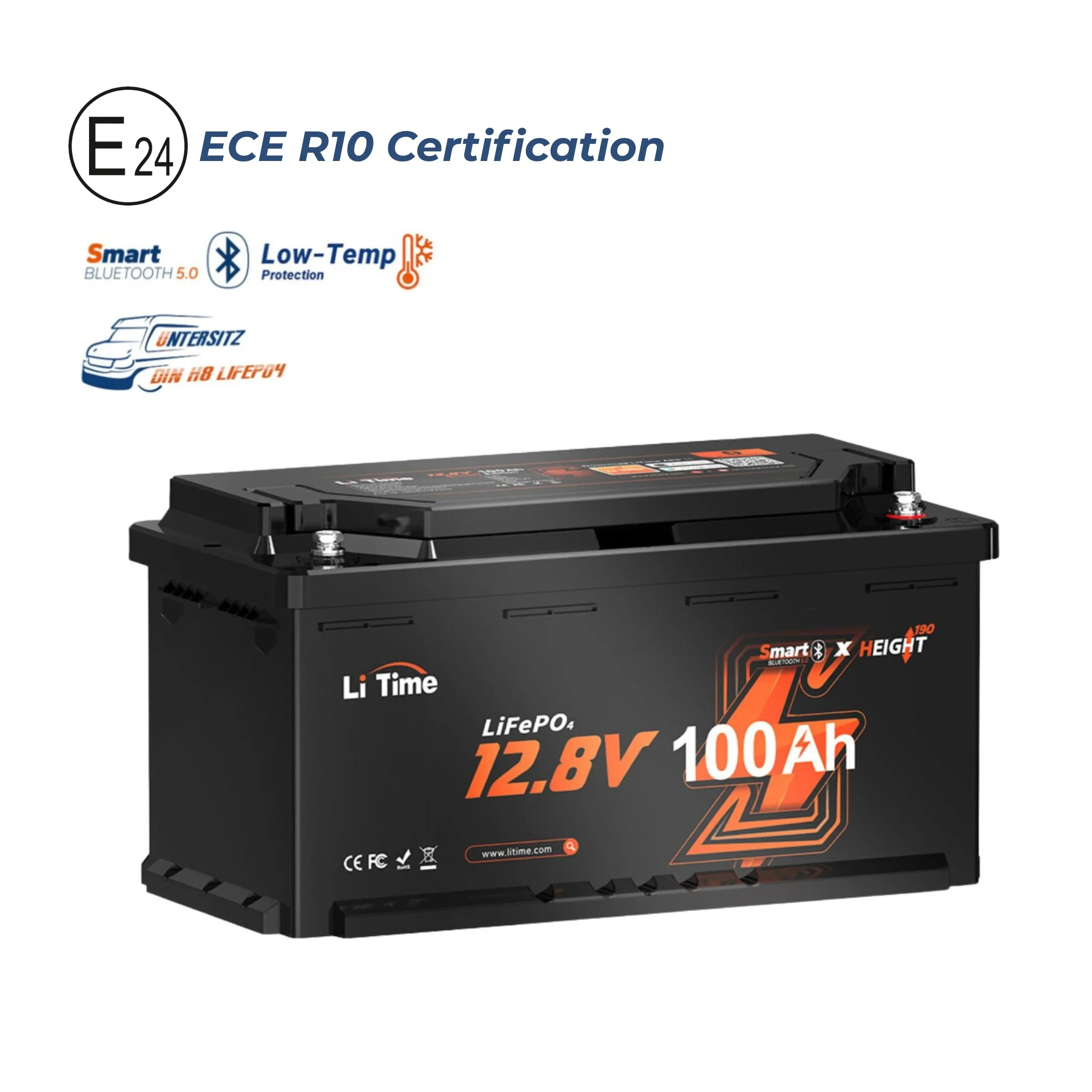 LiTime 12V 100Ah H190 глубокого цикла LiFePO4 батарея с Bluetooth – подсидение дома на колесах DIN H8 L5 группа 49, сертифицировано ECE R10!
